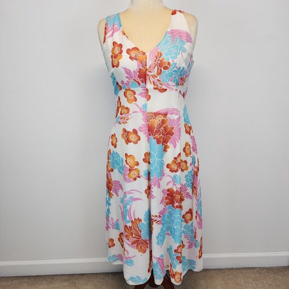Laurel 100% Silk Floral Midi Dress Womens 42 M/L Wedding Guest Poland Cottage - Picture 1 of 15